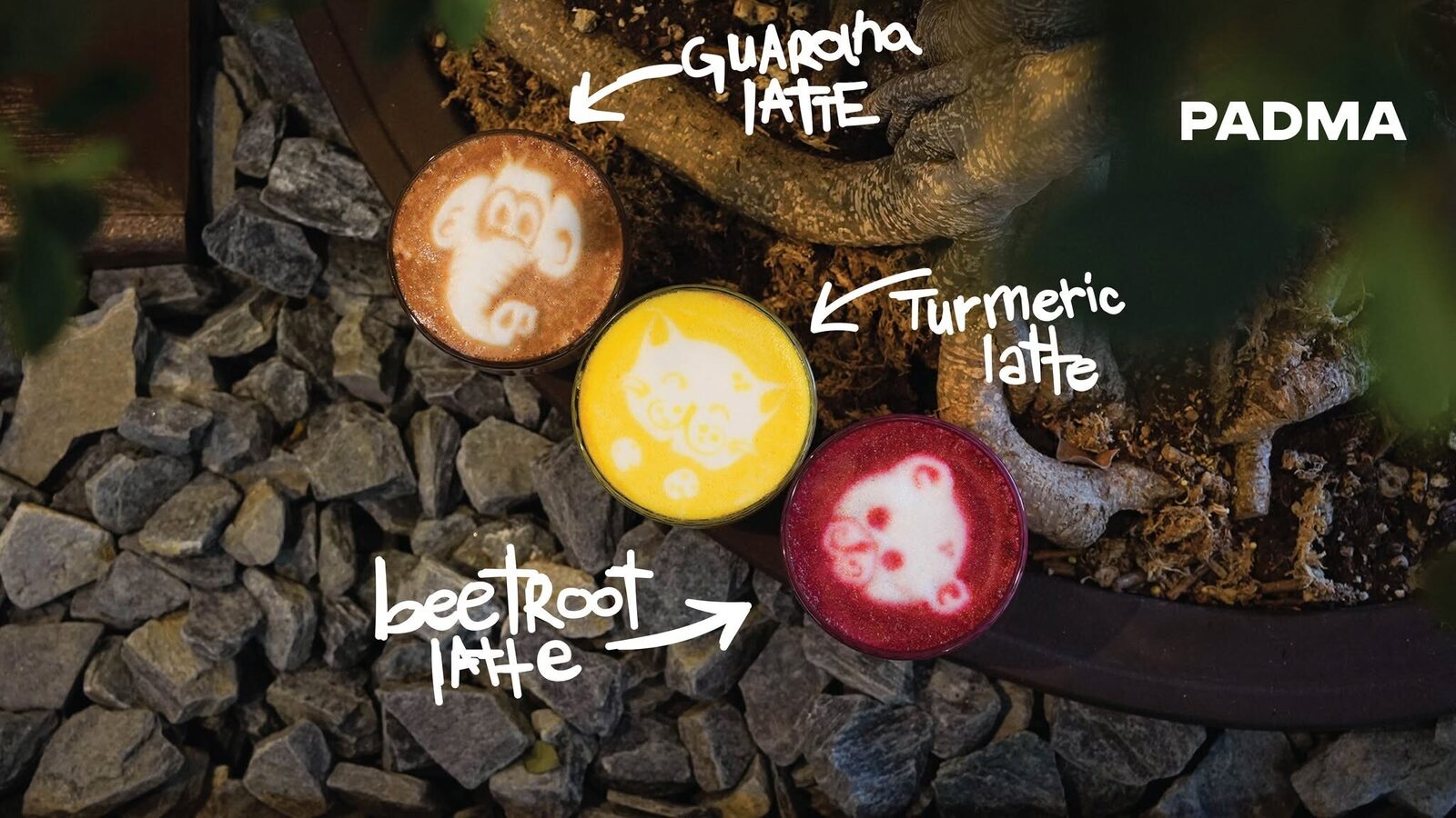 Guarana, turmeric și beetroot latte văzute de sus